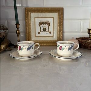 Lenox Chinastone Poppies on Blue Teacup & Saucer - Floral USA Made Set of 2